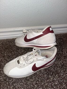 Classic Nike White and Burgundy Cortez Retro Low-Top Sneakers